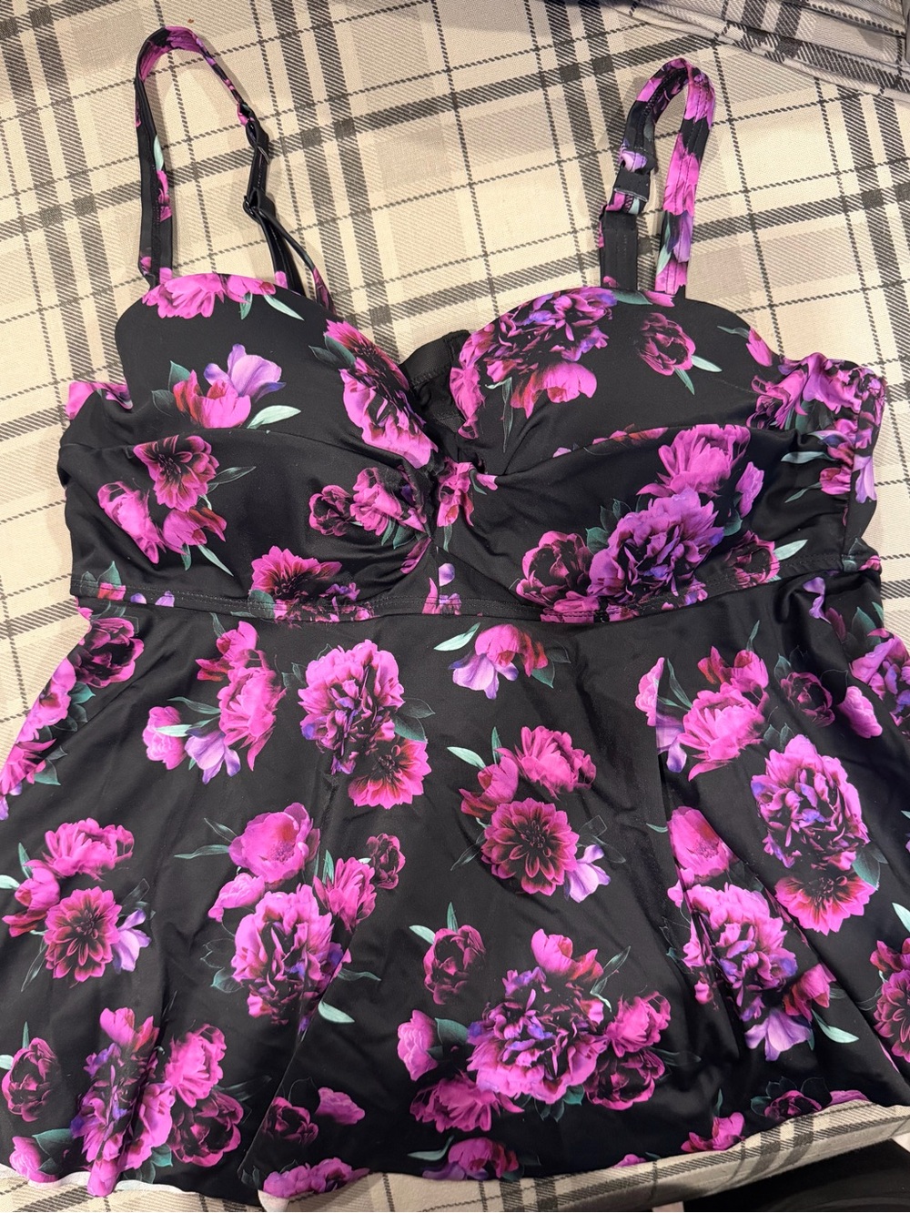 Black Floral Swim Top with Pink & Purple flowers
